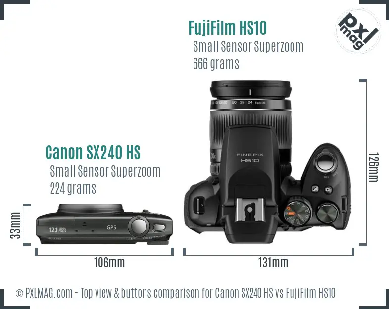 Canon SX240 HS vs FujiFilm HS10 top view buttons comparison Canon SX240 HS vs FujiFilm HS10 top view buttons comparison