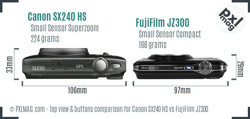 Canon SX240 HS vs FujiFilm JZ300 top view buttons comparison Canon SX240 HS vs FujiFilm JZ300 top view buttons comparison
