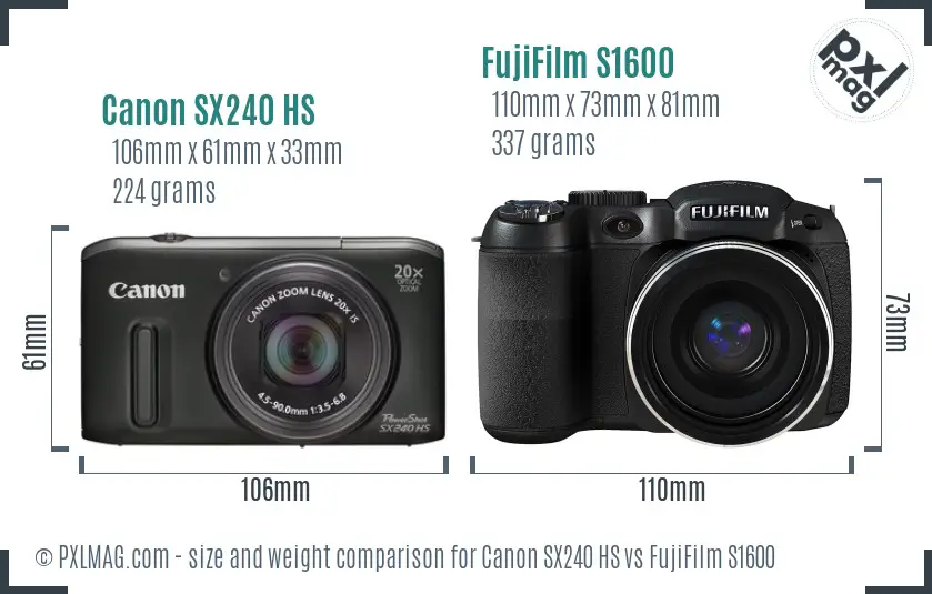 Canon SX240 HS vs FujiFilm S1600 size comparison Canon SX240 HS vs FujiFilm S1600 size comparison