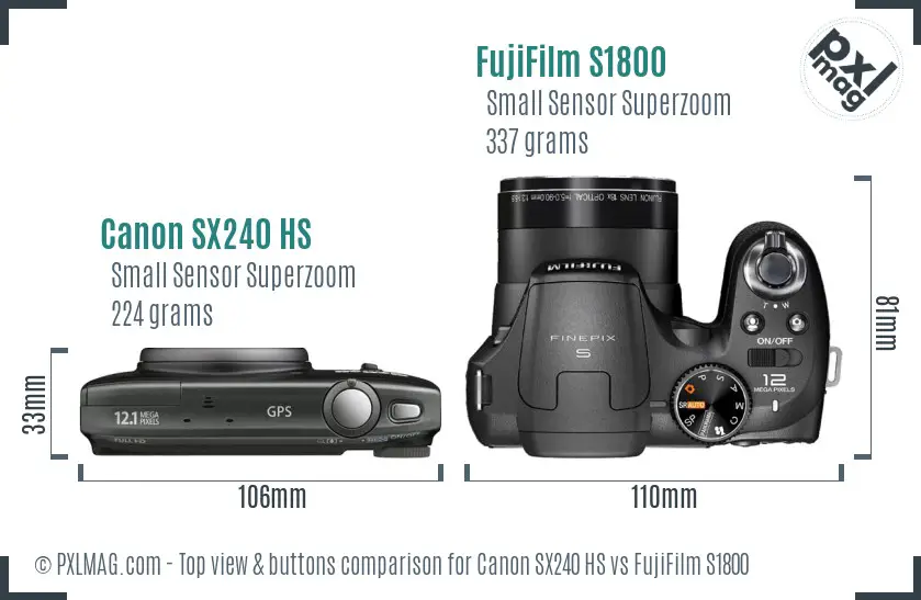 Canon SX240 HS vs FujiFilm S1800 top view buttons comparison Canon SX240 HS vs FujiFilm S1800 top view buttons comparison