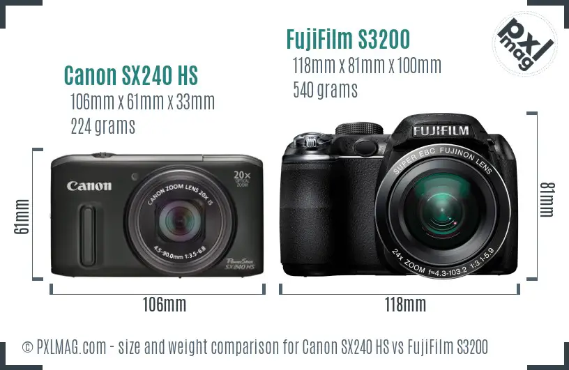 Canon SX240 HS vs FujiFilm S3200 size comparison