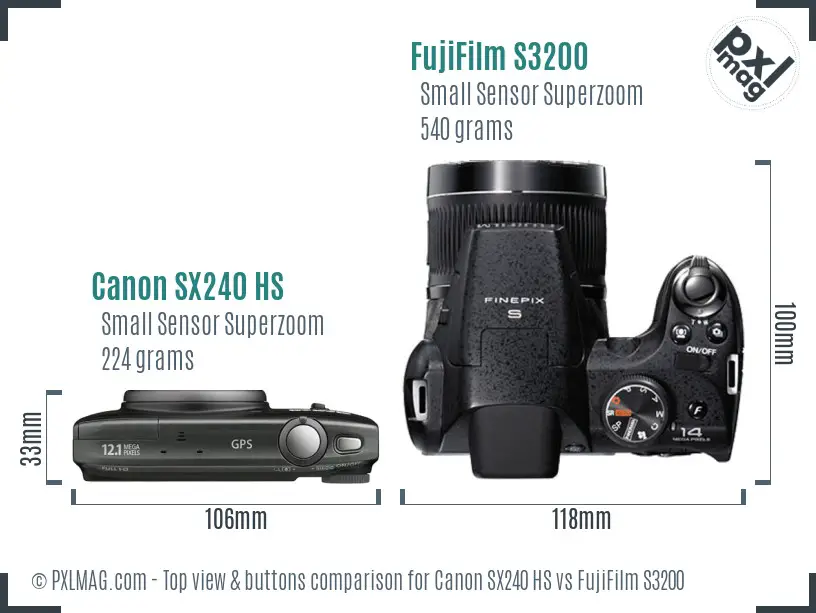 Canon SX240 HS vs FujiFilm S3200 top view buttons comparison