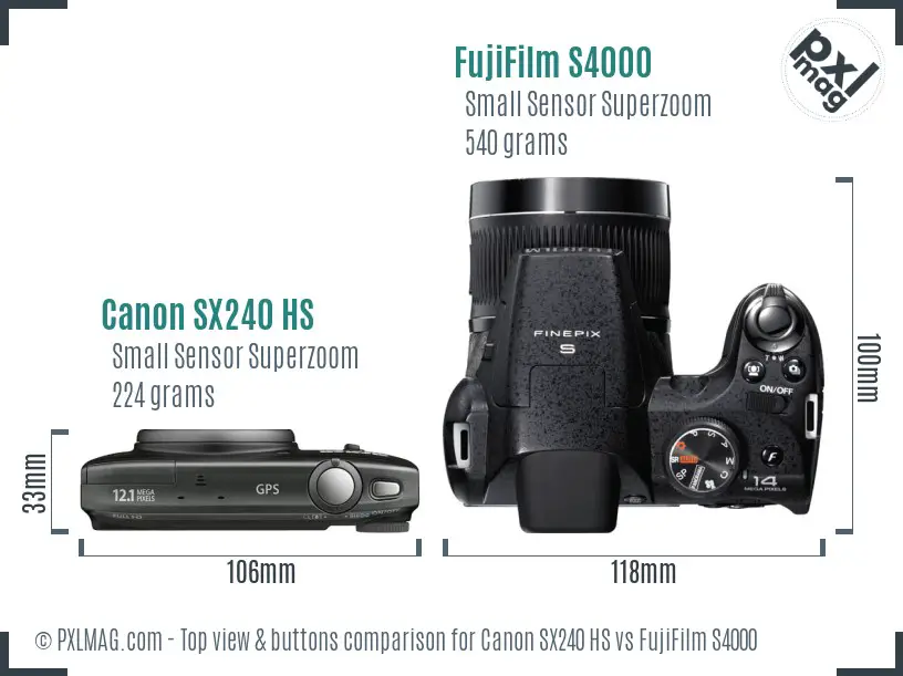 Canon SX240 HS vs FujiFilm S4000 top view buttons comparison Canon SX240 HS vs FujiFilm S4000 top view buttons comparison