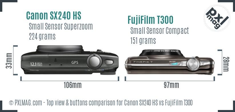 Canon SX240 HS vs FujiFilm T300 top view buttons comparison