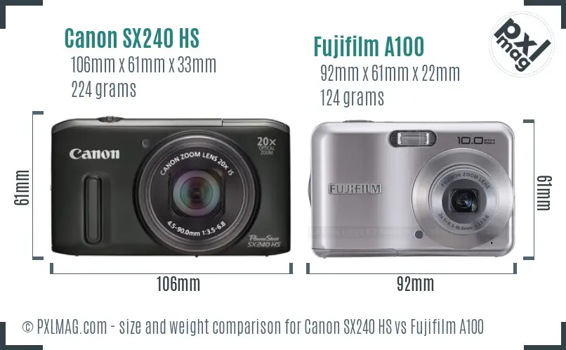 Canon SX240 HS vs Fujifilm A100 size comparison