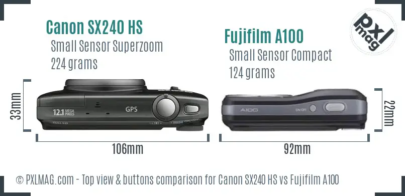 Canon SX240 HS vs Fujifilm A100 top view buttons comparison