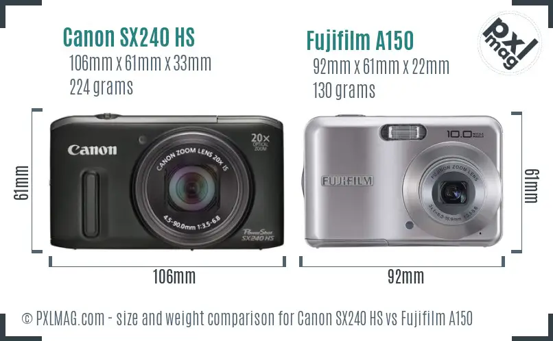 Canon SX240 HS vs Fujifilm A150 size comparison