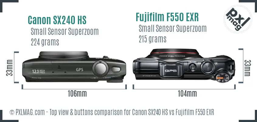 Canon SX240 HS vs Fujifilm F550 EXR top view buttons comparison