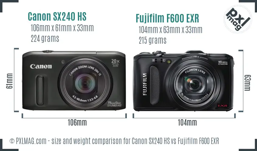 Canon SX240 HS vs Fujifilm F600 EXR size comparison