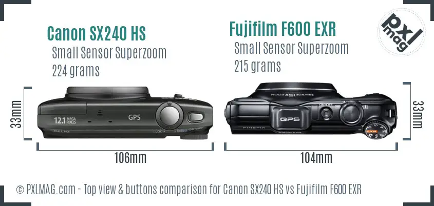 Canon SX240 HS vs Fujifilm F600 EXR top view buttons comparison