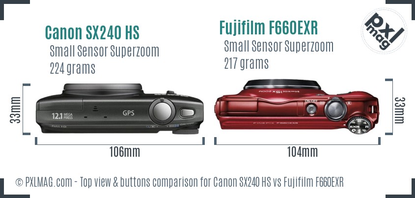 Canon SX240 HS vs Fujifilm F660EXR top view buttons comparison