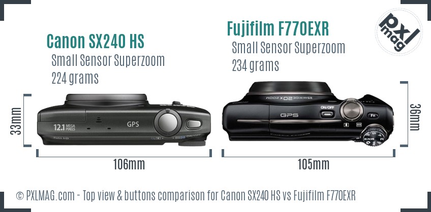 Canon SX240 HS vs Fujifilm F770EXR top view buttons comparison