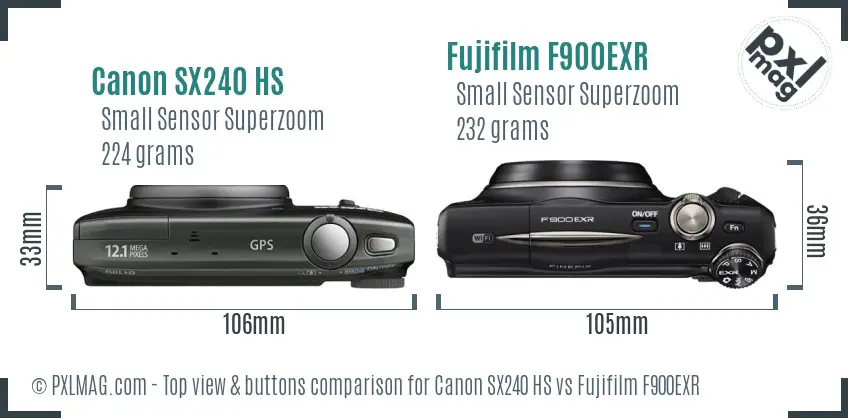 Canon SX240 HS vs Fujifilm F900EXR top view buttons comparison Canon SX240 HS vs Fujifilm F900EXR top view buttons comparison