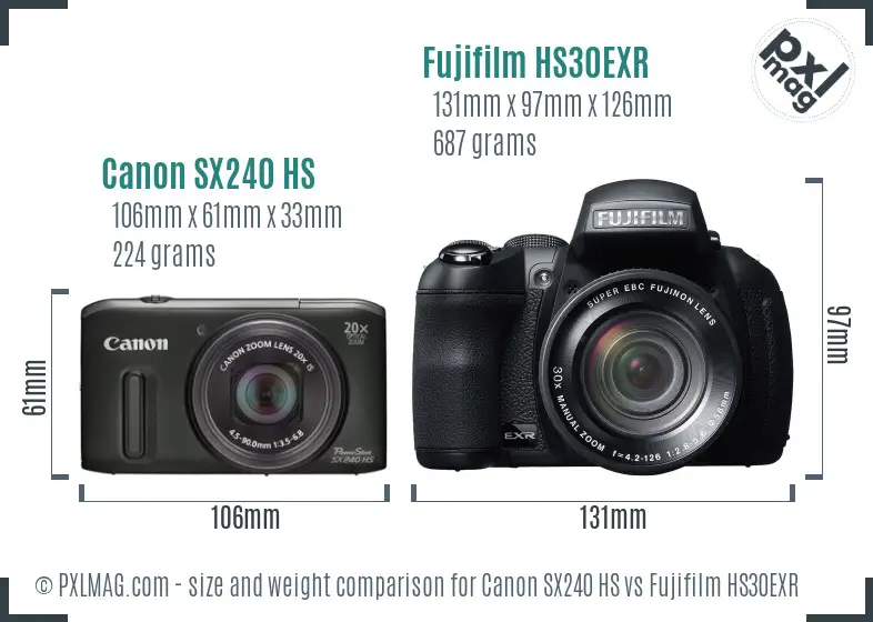 Canon SX240 HS vs Fujifilm HS30EXR size comparison Canon SX240 HS vs Fujifilm HS30EXR size comparison