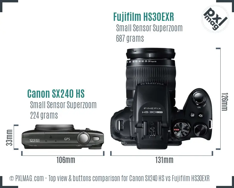 Canon SX240 HS vs Fujifilm HS30EXR top view buttons comparison Canon SX240 HS vs Fujifilm HS30EXR top view buttons comparison