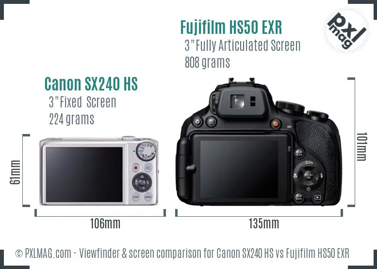 Canon SX240 HS vs Fujifilm HS50 EXR Screen and Viewfinder comparison