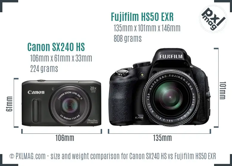 Canon SX240 HS vs Fujifilm HS50 EXR size comparison
