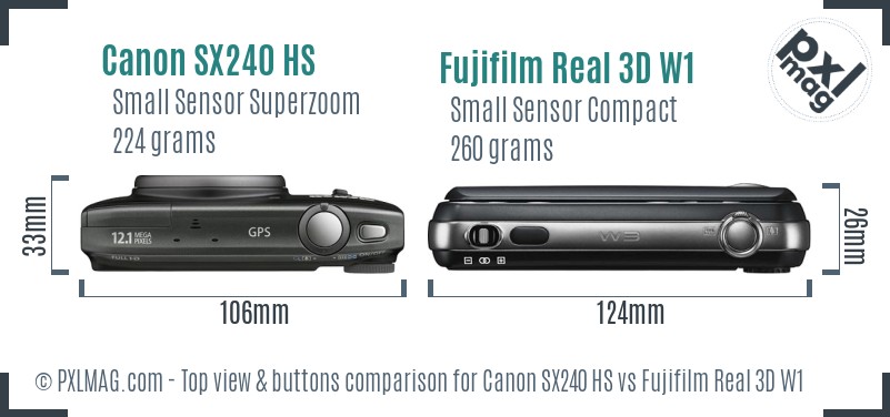 Canon SX240 HS vs Fujifilm Real 3D W1 top view buttons comparison
