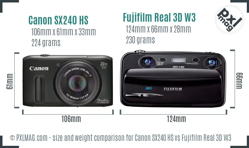 Canon SX240 HS vs Fujifilm Real 3D W3 size comparison