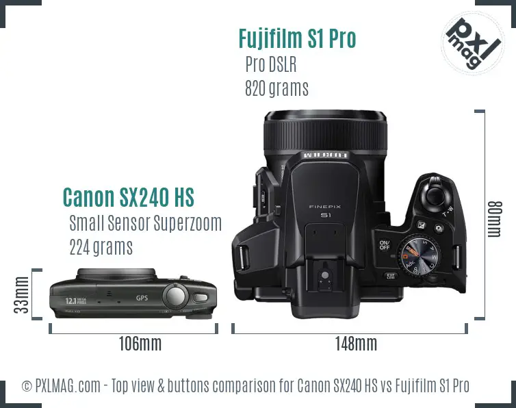 Canon SX240 HS vs Fujifilm S1 Pro top view buttons comparison Canon SX240 HS vs Fujifilm S1 Pro top view buttons comparison