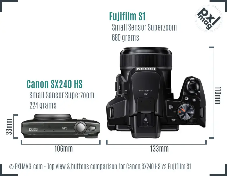 Canon SX240 HS vs Fujifilm S1 top view buttons comparison Canon SX240 HS vs Fujifilm S1 top view buttons comparison