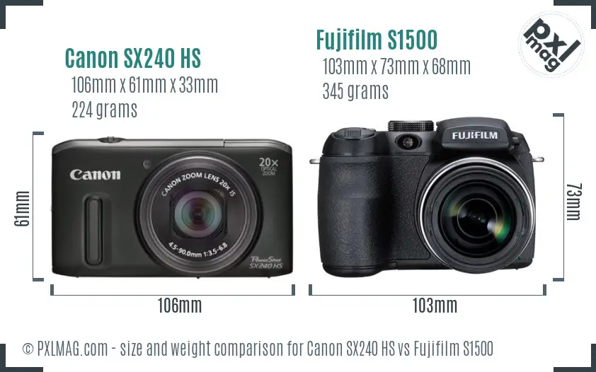 Canon SX240 HS vs Fujifilm S1500 size comparison