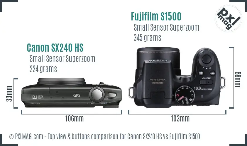 Canon SX240 HS vs Fujifilm S1500 top view buttons comparison