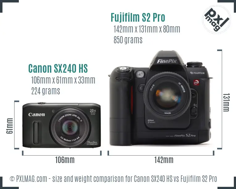 Canon SX240 HS vs Fujifilm S2 Pro size comparison