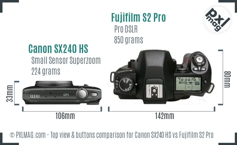 Canon SX240 HS vs Fujifilm S2 Pro top view buttons comparison