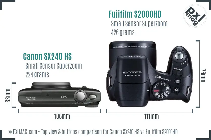 Canon SX240 HS vs Fujifilm S2000HD top view buttons comparison