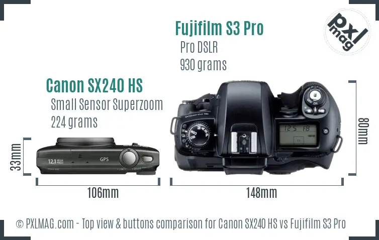 Canon SX240 HS vs Fujifilm S3 Pro top view buttons comparison