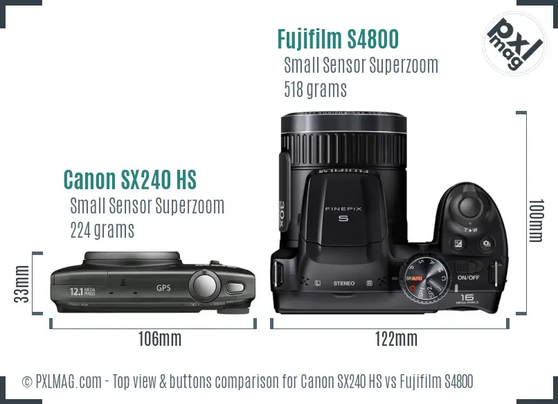 Canon SX240 HS vs Fujifilm S4800 top view buttons comparison Canon SX240 HS vs Fujifilm S4800 top view buttons comparison
