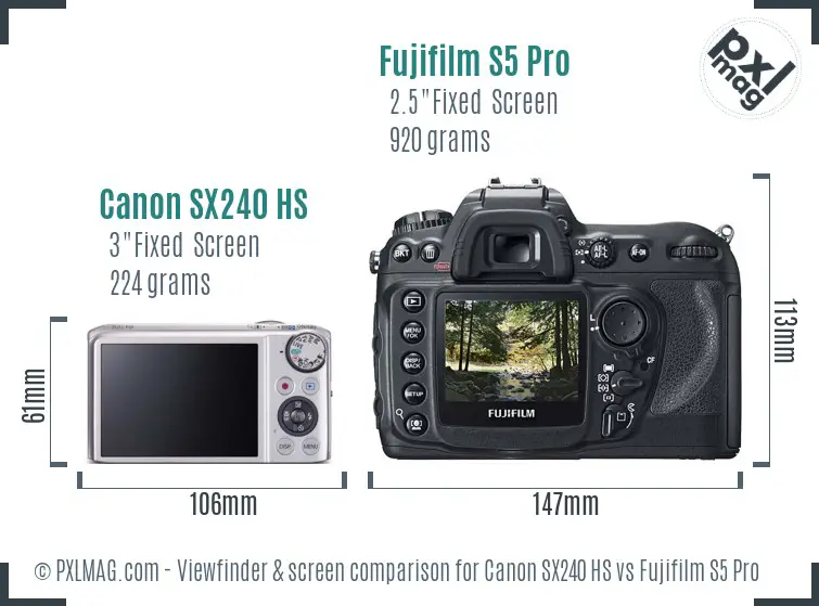 Canon SX240 HS vs Fujifilm S5 Pro Screen and Viewfinder comparison
