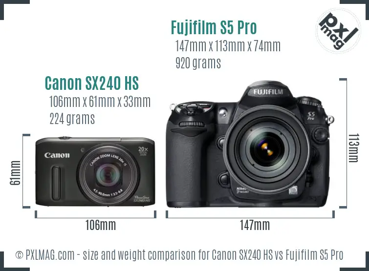 Canon SX240 HS vs Fujifilm S5 Pro size comparison
