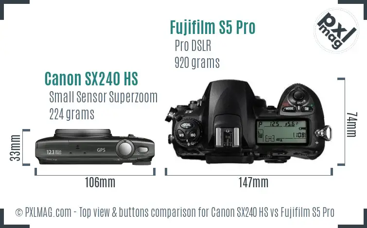 Canon SX240 HS vs Fujifilm S5 Pro top view buttons comparison