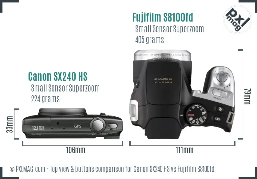 Canon SX240 HS vs Fujifilm S8100fd top view buttons comparison