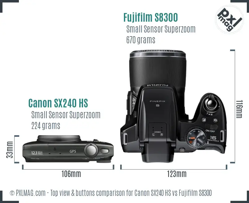 Canon SX240 HS vs Fujifilm S8300 top view buttons comparison Canon SX240 HS vs Fujifilm S8300 top view buttons comparison