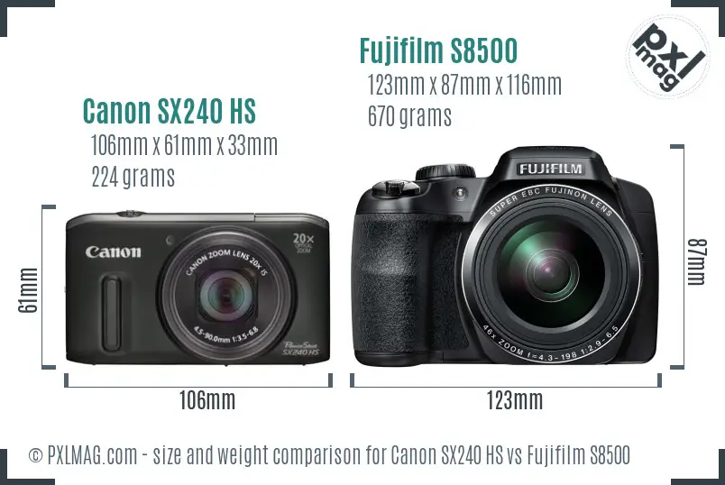 Canon SX240 HS vs Fujifilm S8500 size comparison