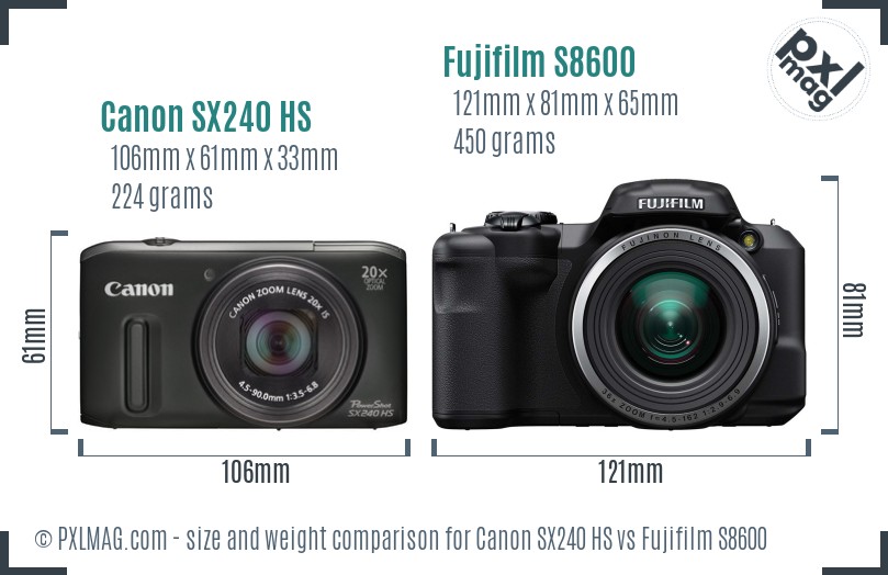 Canon SX240 HS vs Fujifilm S8600 size comparison