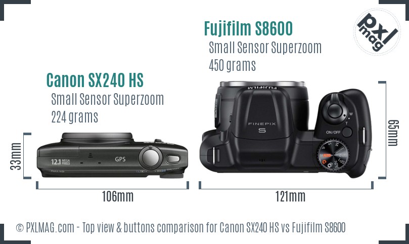 Canon SX240 HS vs Fujifilm S8600 top view buttons comparison