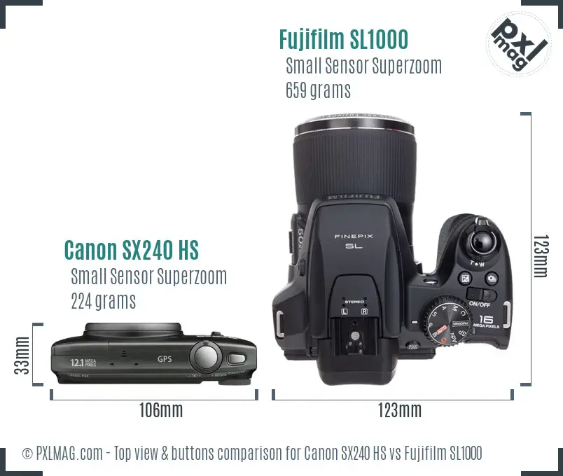 Canon SX240 HS vs Fujifilm SL1000 top view buttons comparison Canon SX240 HS vs Fujifilm SL1000 top view buttons comparison