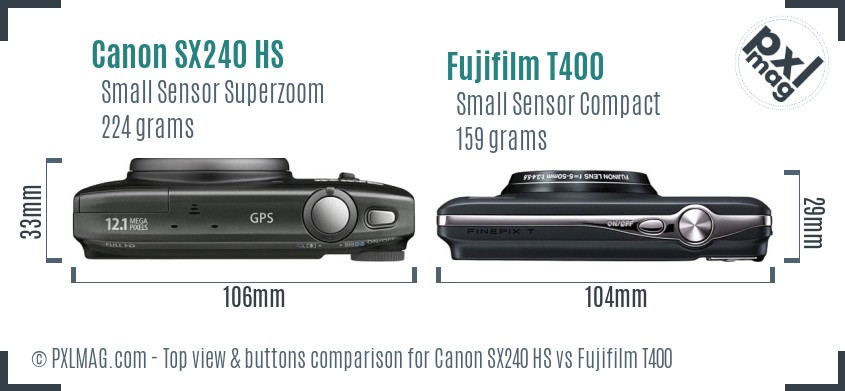 Canon SX240 HS vs Fujifilm T400 top view buttons comparison