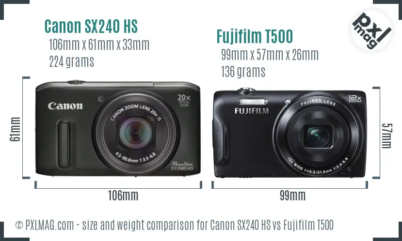 Canon SX240 HS vs Fujifilm T500 size comparison