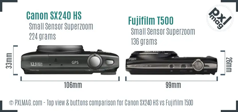 Canon SX240 HS vs Fujifilm T500 top view buttons comparison