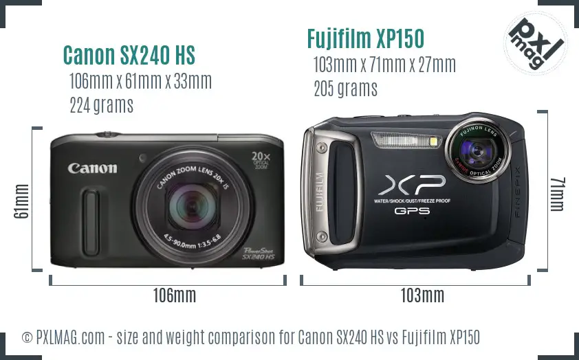Canon SX240 HS vs Fujifilm XP150 size comparison Canon SX240 HS vs Fujifilm XP150 size comparison