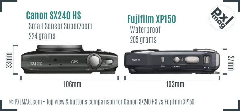 Canon SX240 HS vs Fujifilm XP150 top view buttons comparison Canon SX240 HS vs Fujifilm XP150 top view buttons comparison