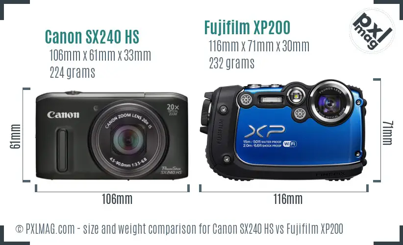 Canon SX240 HS vs Fujifilm XP200 size comparison