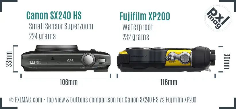 Canon SX240 HS vs Fujifilm XP200 top view buttons comparison