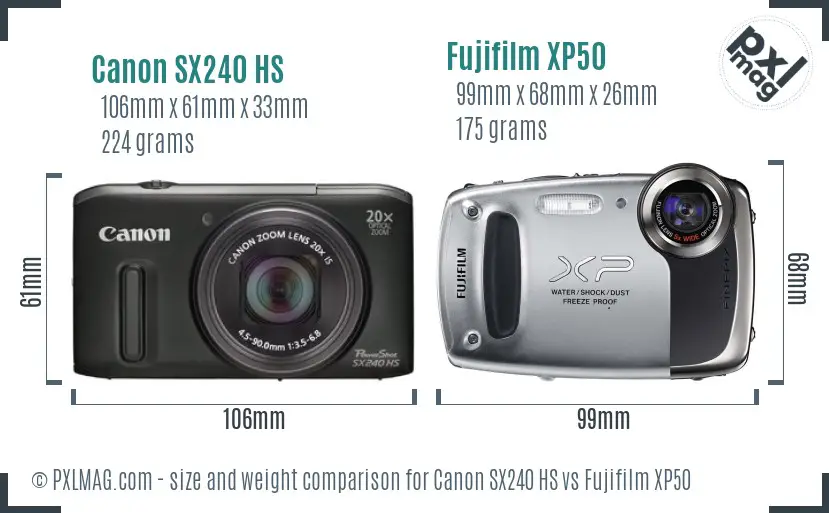 Canon SX240 HS vs Fujifilm XP50 size comparison