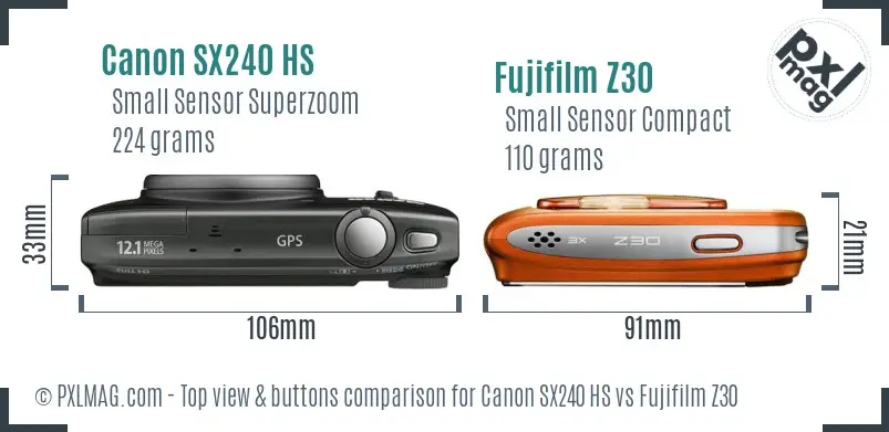 Canon SX240 HS vs Fujifilm Z30 top view buttons comparison